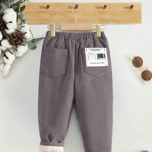 Baby corduroy trousers with slogan printing, partition and teddy lining