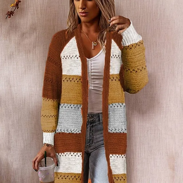 Long color knitted cardigan with open front, medium length, ladies