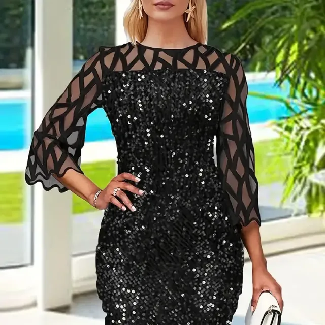 Flirted bodycon dress in contrast netting, elegant dress with neckline and half sleeve for party, women's clothes