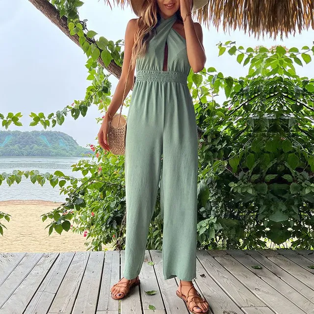 Solid cropped jumpsuit without cross weave