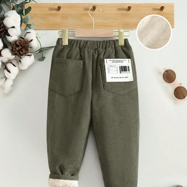 Baby corduroy trousers with slogan printing, partition and teddy lining