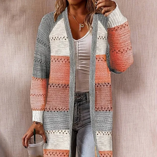 Long color knitted cardigan with open front, medium length, ladies