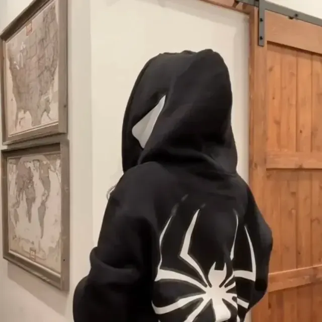 Unisex sweatshirt with hood and print spider style Y2K in autumn and retro punk clothes