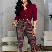 Women's costume pants with plaid pattern, retro, tight + shirt with collar and short sleeve, Elegant and casual pants, Spring Summer