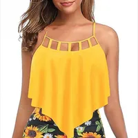 Ruffle bikini with high neckline and sunflower print European