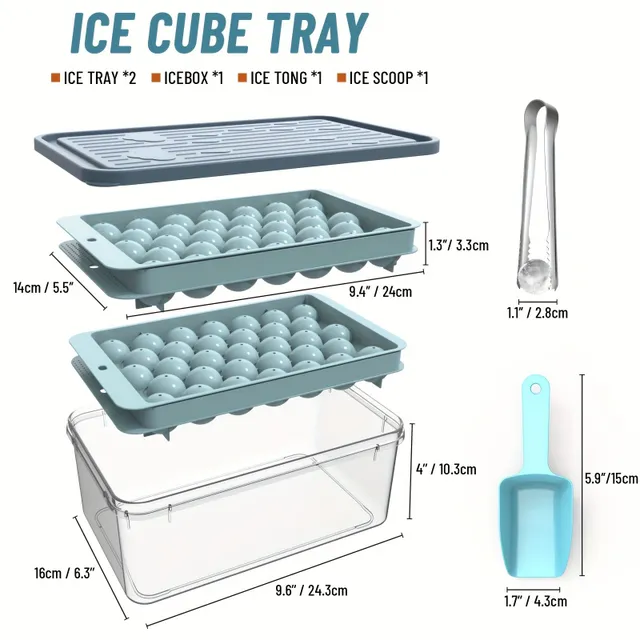 Forme rotunde pentru gheață pentru congelator cu capac și recipient