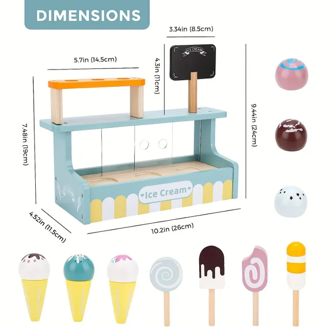 Wooden ice cream set for children: counter, hills, ice cream and accessories
