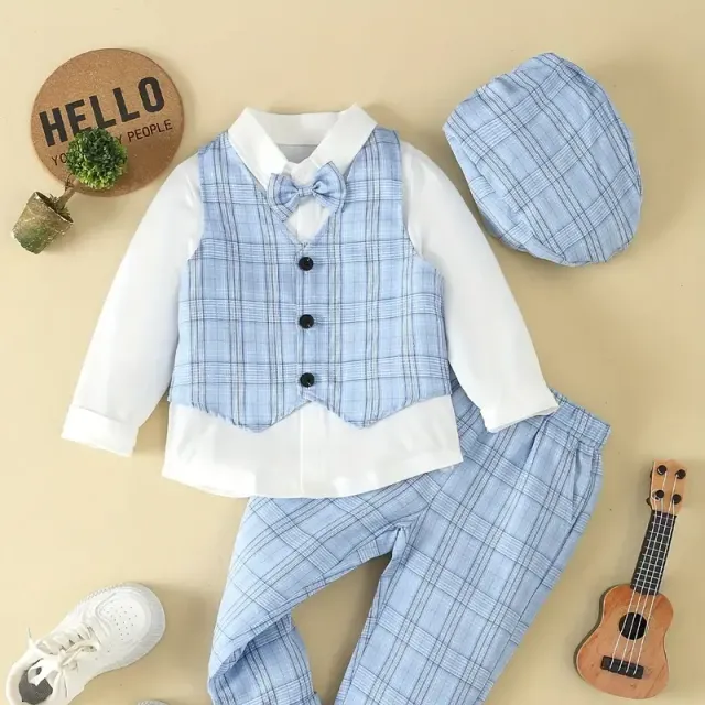 Chlapci spoločenský oblek pre džentlmena - tričko s mašľou, nohavicami, vestou a klobúkom - sada detských šiat pre súťaž, predstavenie, svadbu alebo banket