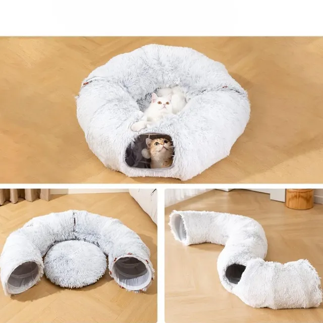 Round folding bed with playing tunnel for cats in grey color