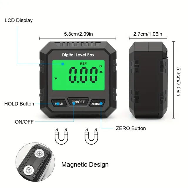 Digitálny rybár s LCD podsvietením, elektronickým goniometrom, zdrojom vody, magnetickou bázou, miniatúrnym atramentometrom