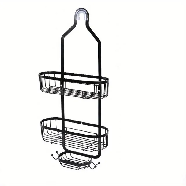 Hinged shower organizer, stainless steel black basket on top shelf with razor hooks and mushrooms.