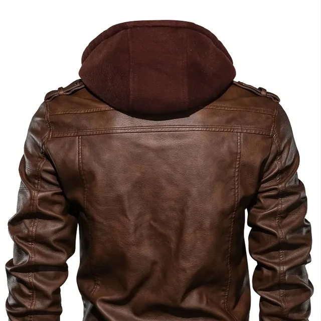 Men's leather jacket with hood, pockets and zipper