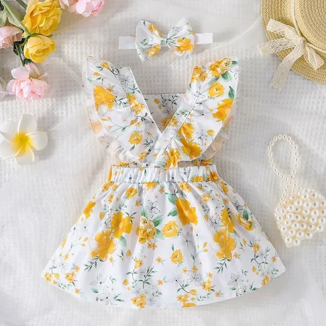 Baby dress for newborns with butterfly sleeves and yellow flower pattern