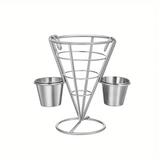 Metal serving basket for fries with 2 sauce bowls and a chicken wing basket