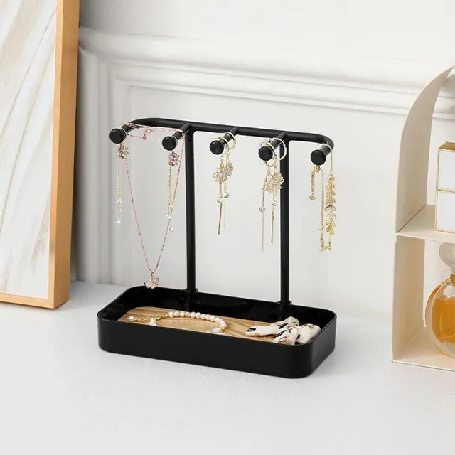 Jewelry with wooden base and earring rack, necklaces, bracelets and rings