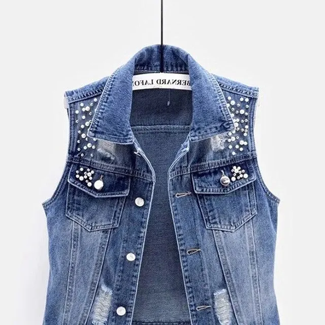 Women's denim vest with beads and slit