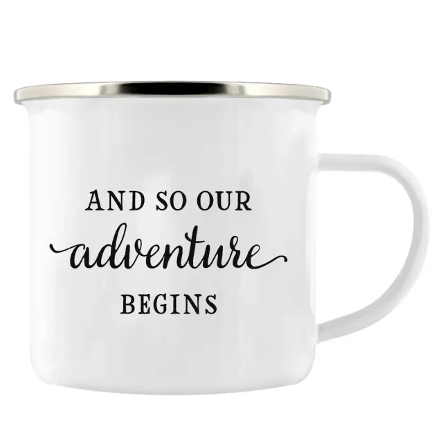 Adventure enamel mug for camping as a gift