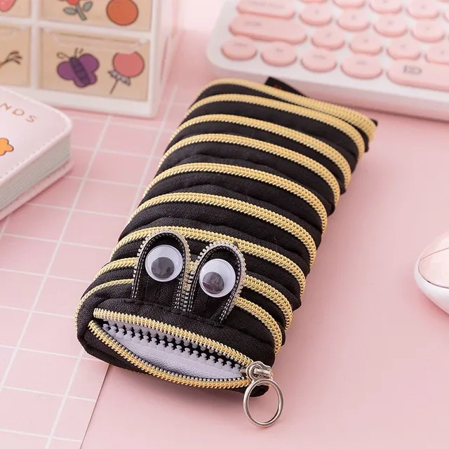 Original modern one-colour funny school pencil case in the shape of a cute worm with moving eyes