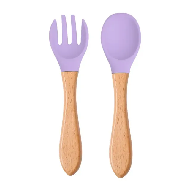 Kids' teaspoon kit and food silicone for training a child with wooden handles