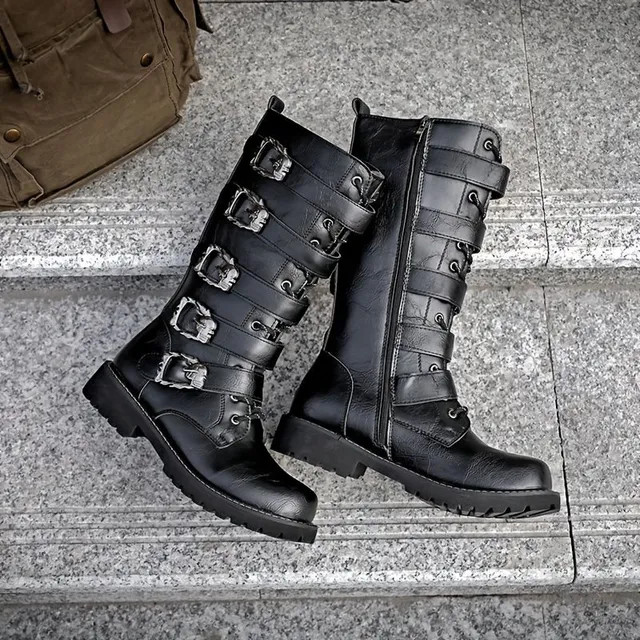 Men's motorcycle shoes with buckles and side zippers, anti-slip, high, into nature