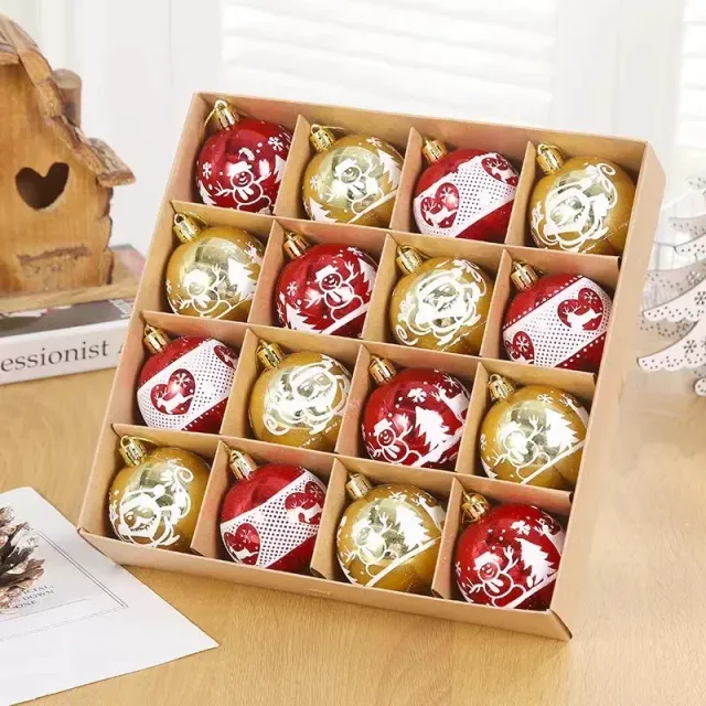 Set of beautiful Christmas ornaments in the shape of a ball with colourful decorations - 16 pcs