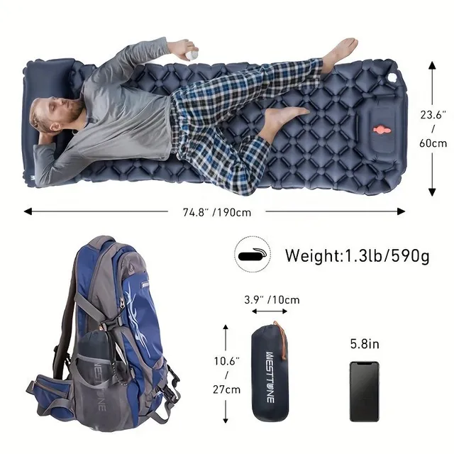 Ľahký nafukovací matrac s vankúšom pre pohodlný spánok počas turistiky a kempovania