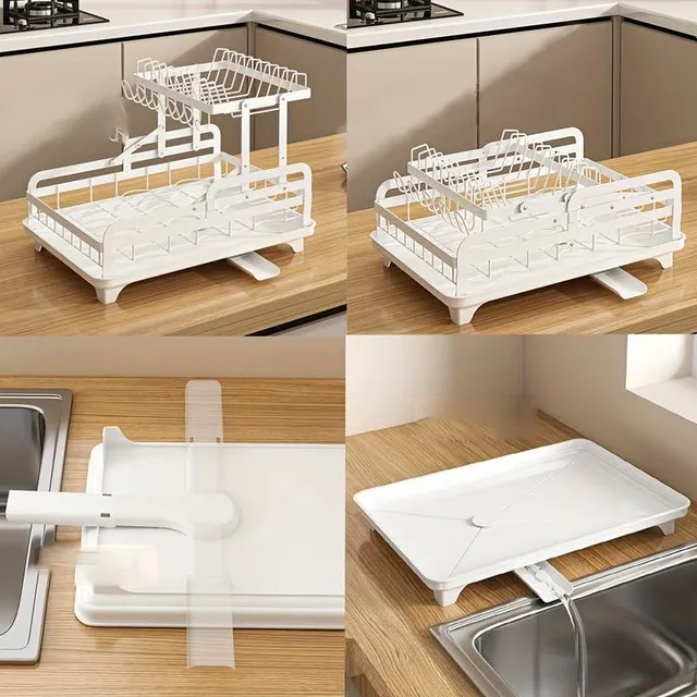 Suport inteligent pentru uscat vase: 2 etaje, scurgător, suport pentru pahare și tacâmuri + tăviță bonus - Economisire de spațiu și uscare eficientă în bucătărie