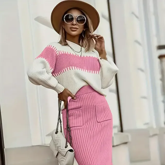 Informal knitted double-piece set with skirt, coloured blocked sweater and skirt with double pockets