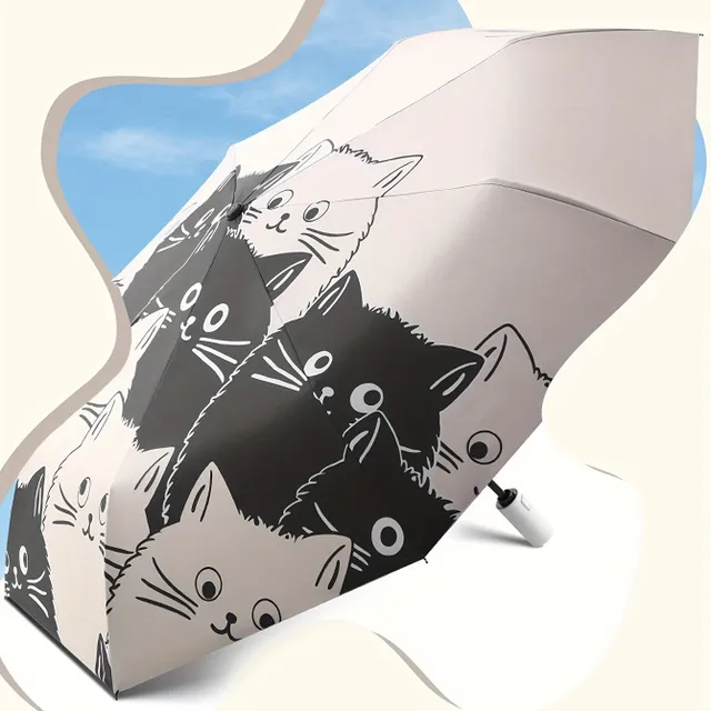 Automatic black and white umbrella with cute cartoon cats