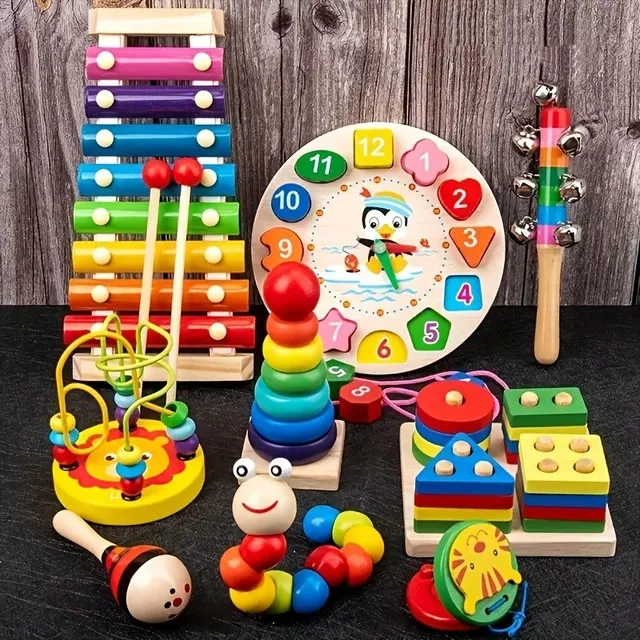 9 in 1 Wooden Montessori toys, Fast Bells, Bead Rumble, Drum, Column, Musical Instruments, Preschool Age Education