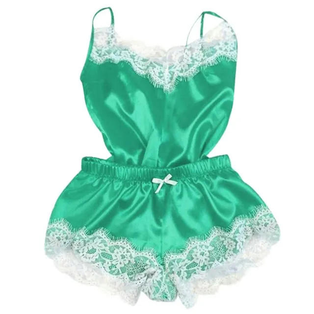 Ladies satin lace pajama set s green-1052