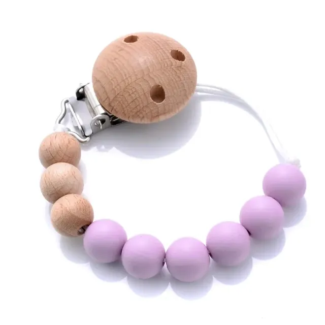 Wooden pacifier clip with silicone bite and round beads