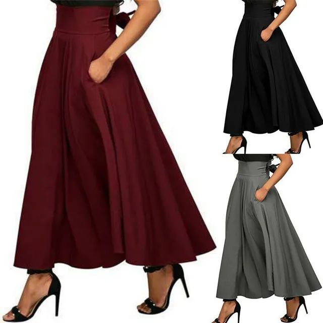 Women's fashion long A-line skirt with pocket and tied bow