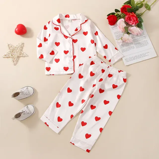 Children's Pajama Set with Heart Printing - Long Sleeve, Button Clamping, Top and Pants - Children's Homewear, Nightwear