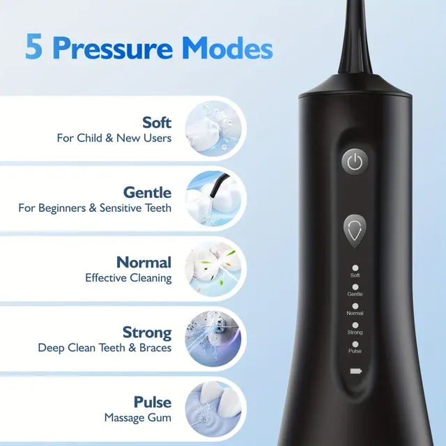 Curățător de dinți electric portabil cu apă sub presiune - 5 intensități, 5 capete de periuță, rezistent la apă, pentru dinți sănătoși și curați