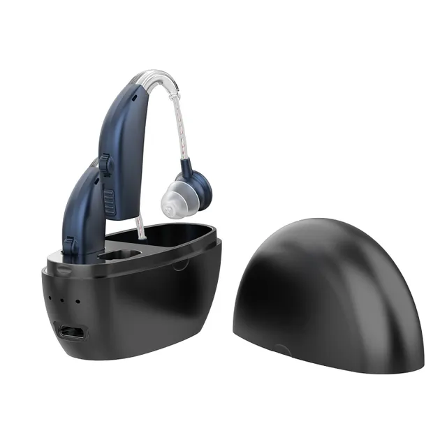 Digital hearing aid Portable sound amplifier Wireless hearing aid with black cover and spare earplugs Compact