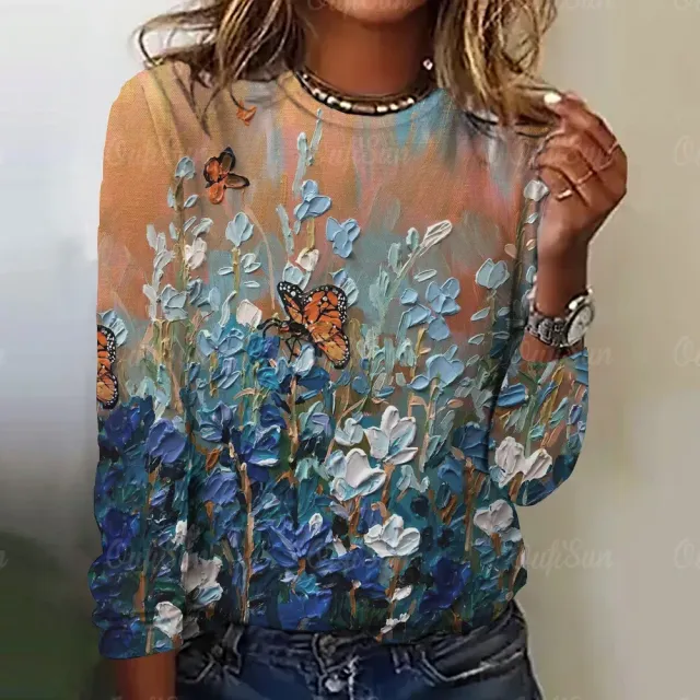 Women's long sleeve t-shirt with three-dimensional flower print - More variations