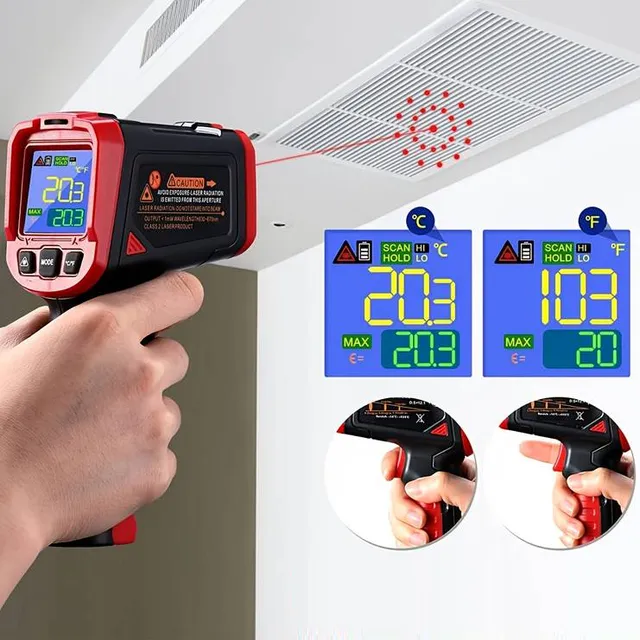 Change home repairs and cooking with our patented infrared thermometer: -58 °F to 1022 °F (-50 °C to 550 °C)