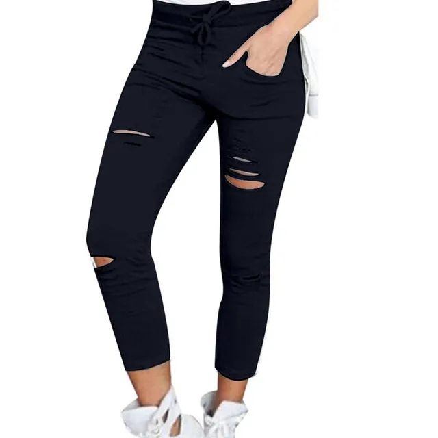 Women's skinny jeans with holes and drawstring
