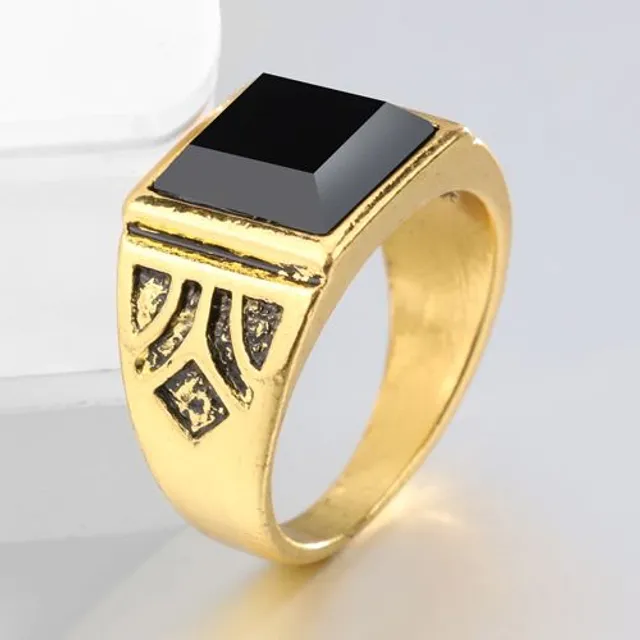 Men's gold plated ring with black stone