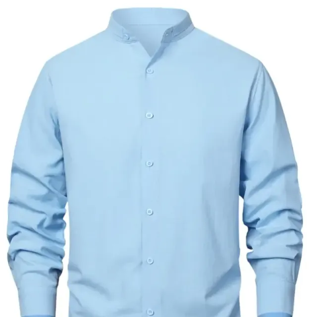 Chemise à manches longues pour homme avec col montant, unie, en tissu coton-lin, décontractée et élégante