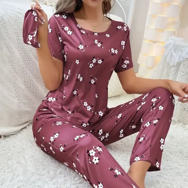 Women's loose pajamas with floral printing, short sleeve and pants - Sleeping and relaxation kit