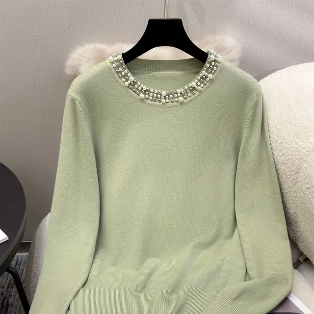 Elegant beaded lady knitted top with long sleeve and round neckline made of soft viscose blend for autumn and winter