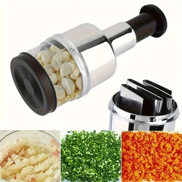 Hand-operated garlic press of stainless steel and food cleavers