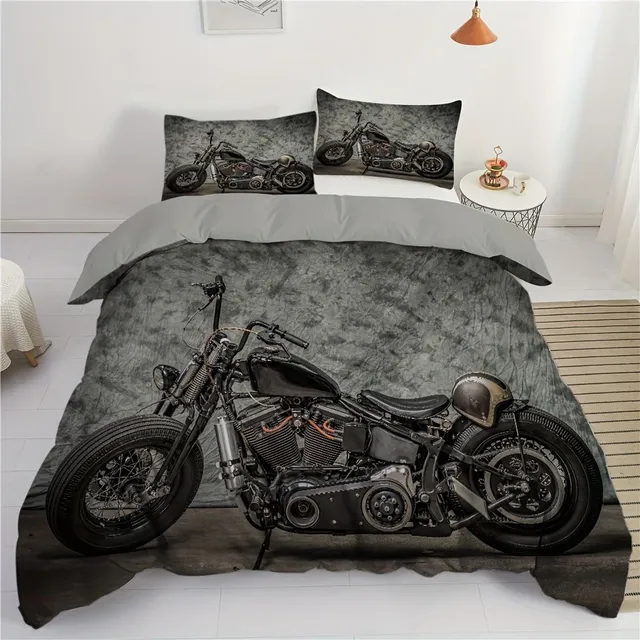 Lenjerie de pat retro cu motociclete din puf 3D, Set confortabil de lenjerie de pat, Ideal pentru dormitoare, camere de oaspeți și cămine.