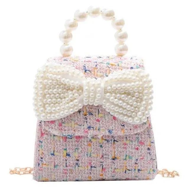 Girl original modern crochet bag over shoulder with pearl handles Bowers