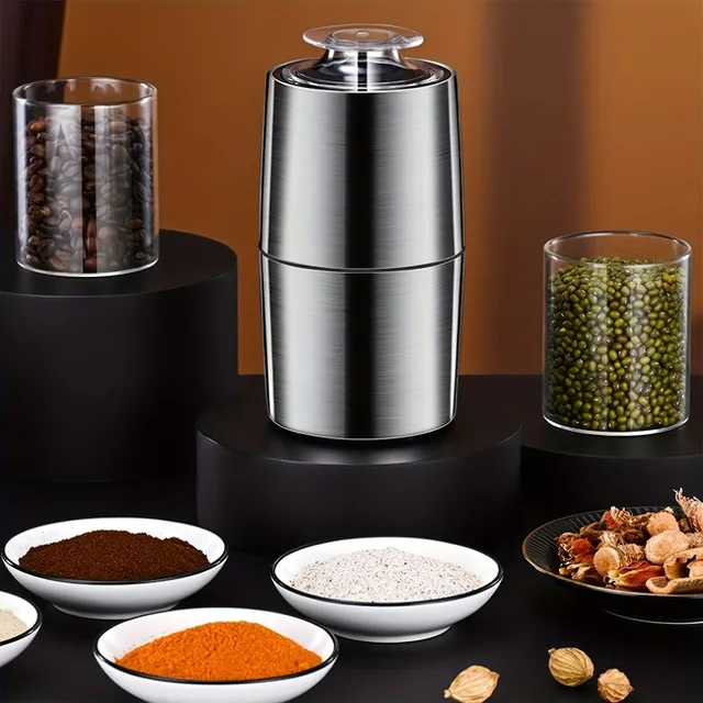 Silent electric coffee and spices grinder - stainless steel knives on freshly ground coffee, spices, nuts and grain