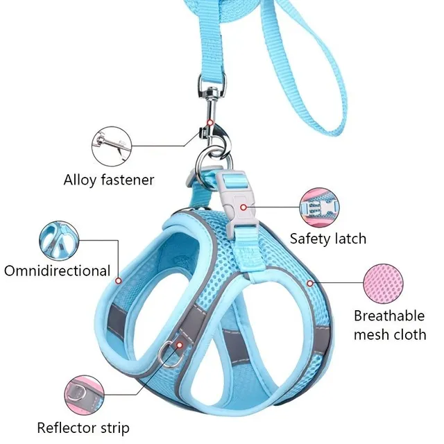 Reflexní psí postroj s vodítkem - Nastavitelná vesta, prodyšné obojky pro malé i velké psy.