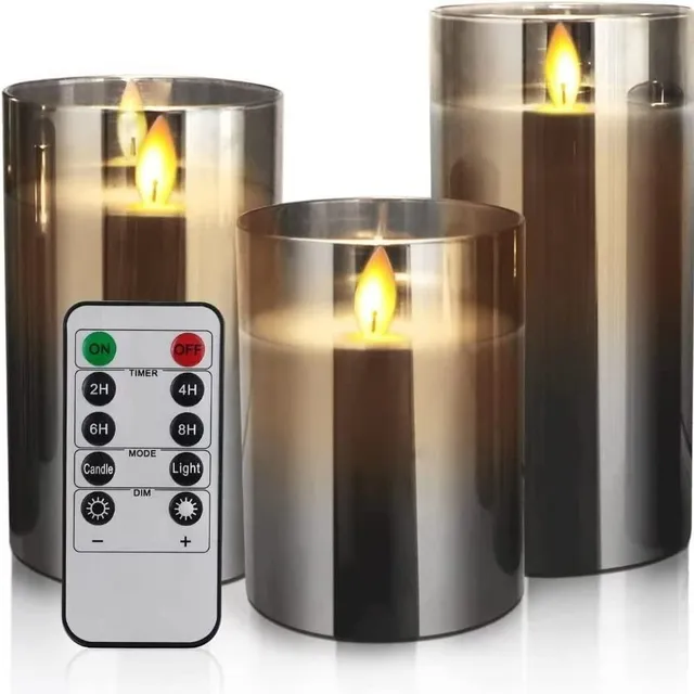 LED candles for batteries with realistic flaming flame and remote control - grey glass design