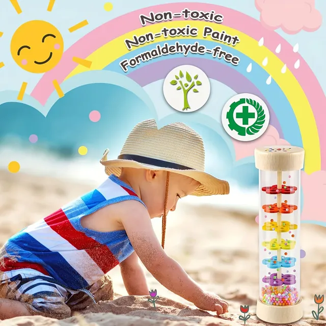 Montessori toy - wooden rain instrument with bead drops